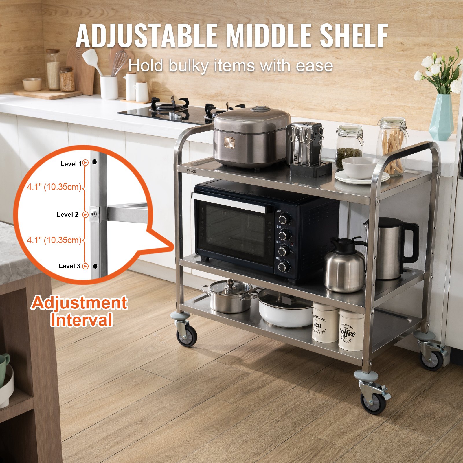 VEVOR kitchen utility cart with adjustable middle shelf holds microwave, appliances, and utensils in kitchen.