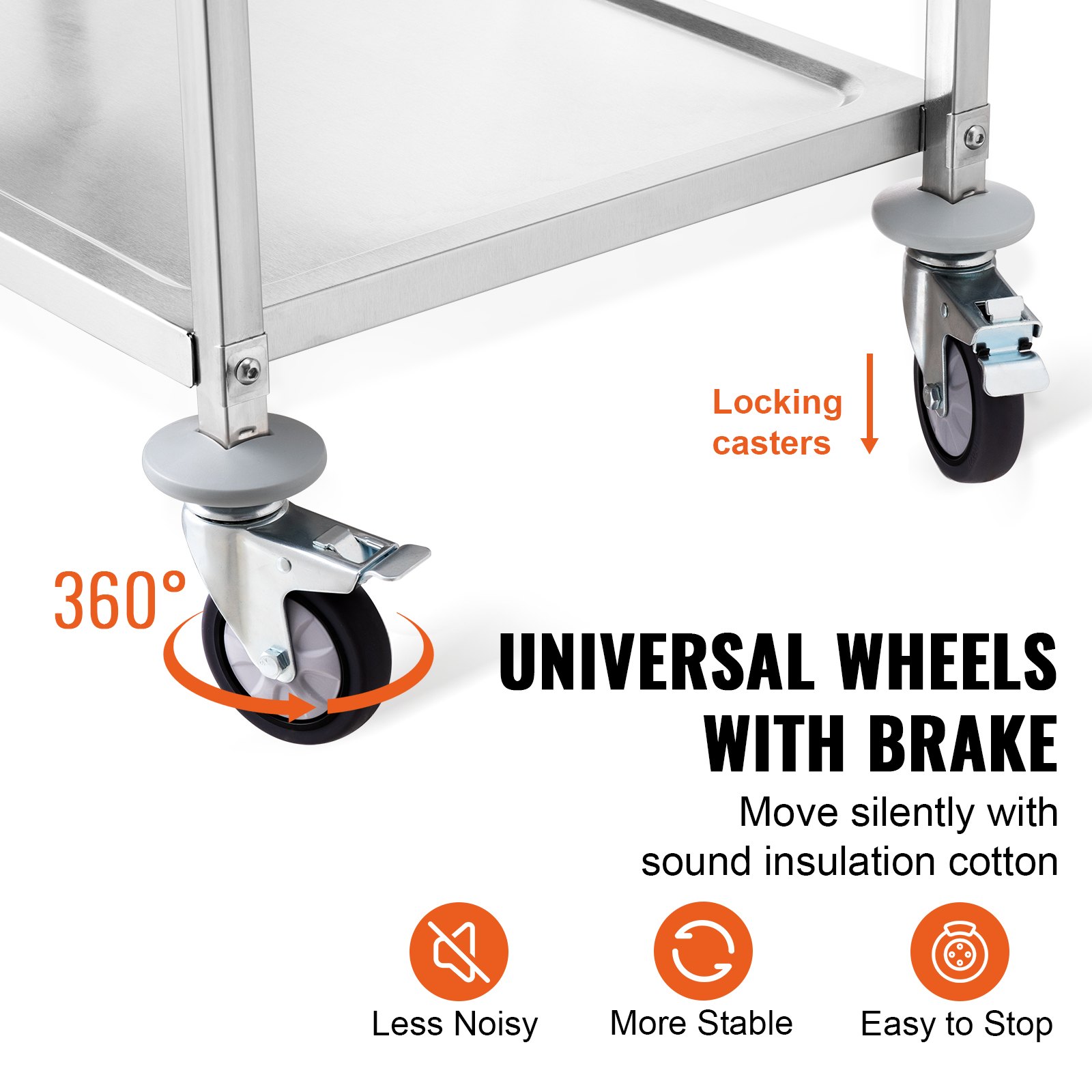 VEVOR kitchen utility cart with 360° locking casters, brake, stable and less noisy movement.