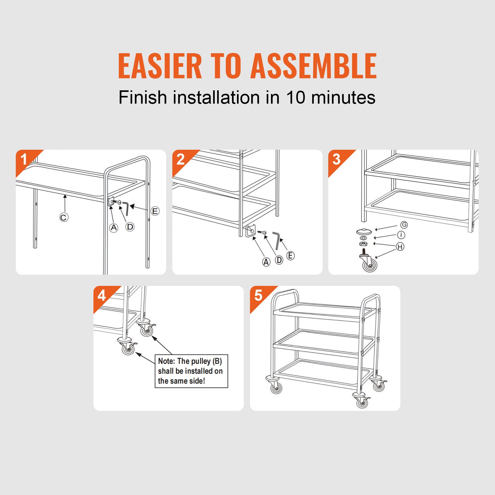 VEVOR kitchen utility cart assembly instructions, step-by-step process to finish in 10 minutes.