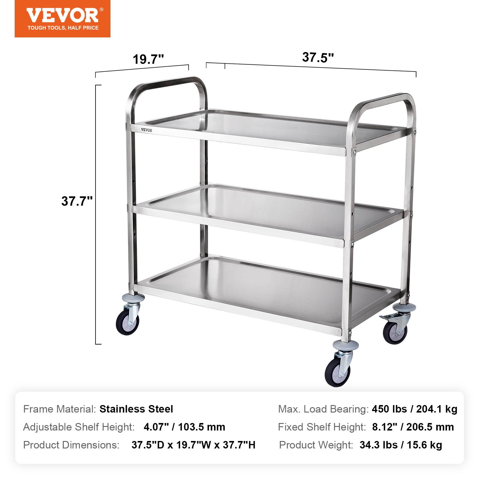 VEVOR kitchen utility cart, stainless steel, three-tier, on wheels, dimensions: 37.5&quot;d x 19.7&quot;w x 37.7&quot;h.