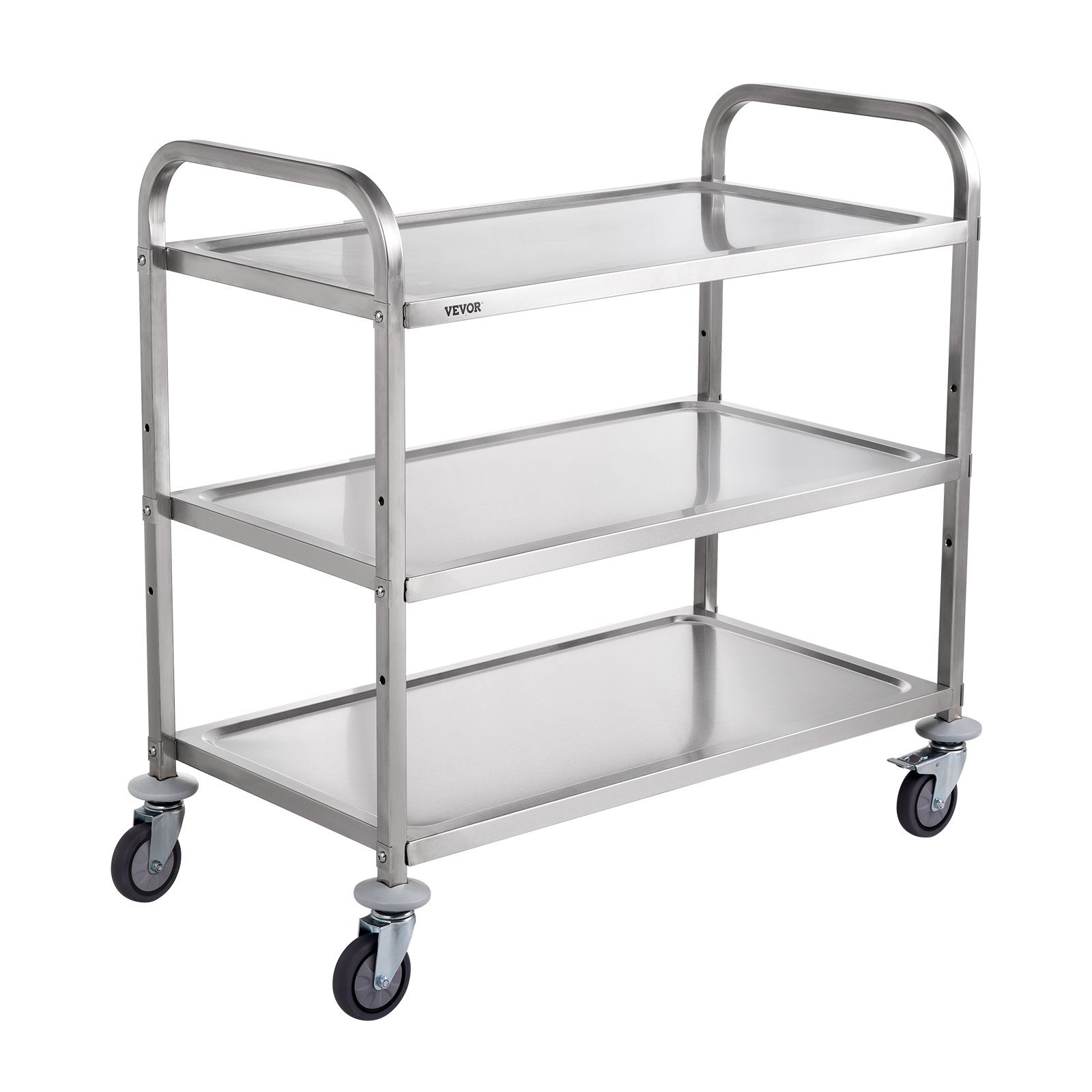 three-tier stainless steel VEVOR kitchen utility cart with wheels for mobility and storage.