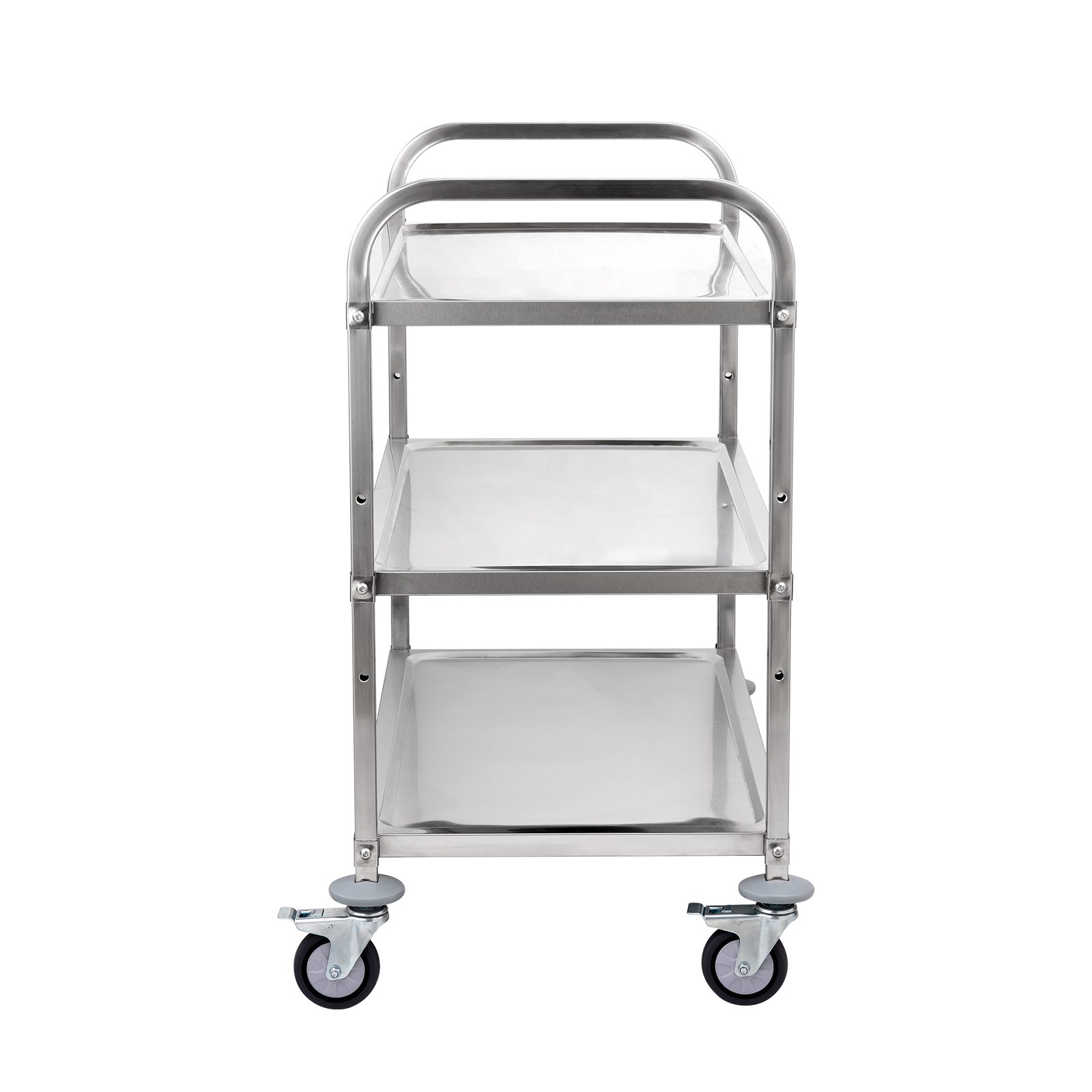 stainless steel VEVOR kitchen utility cart with three shelves and swivel caster wheels.