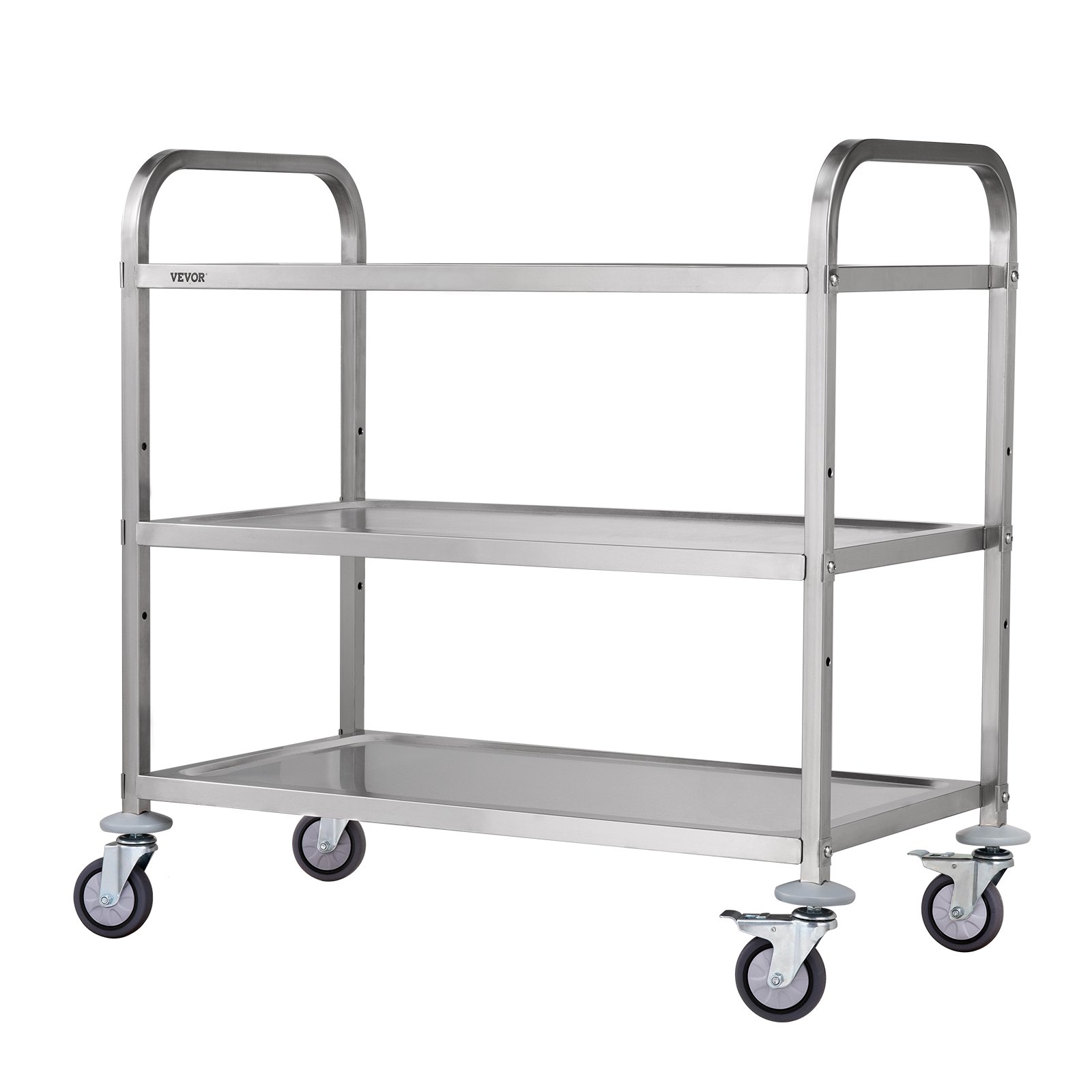 VEVOR kitchen utility cart with three stainless steel shelves and swivel casters for easy mobility.