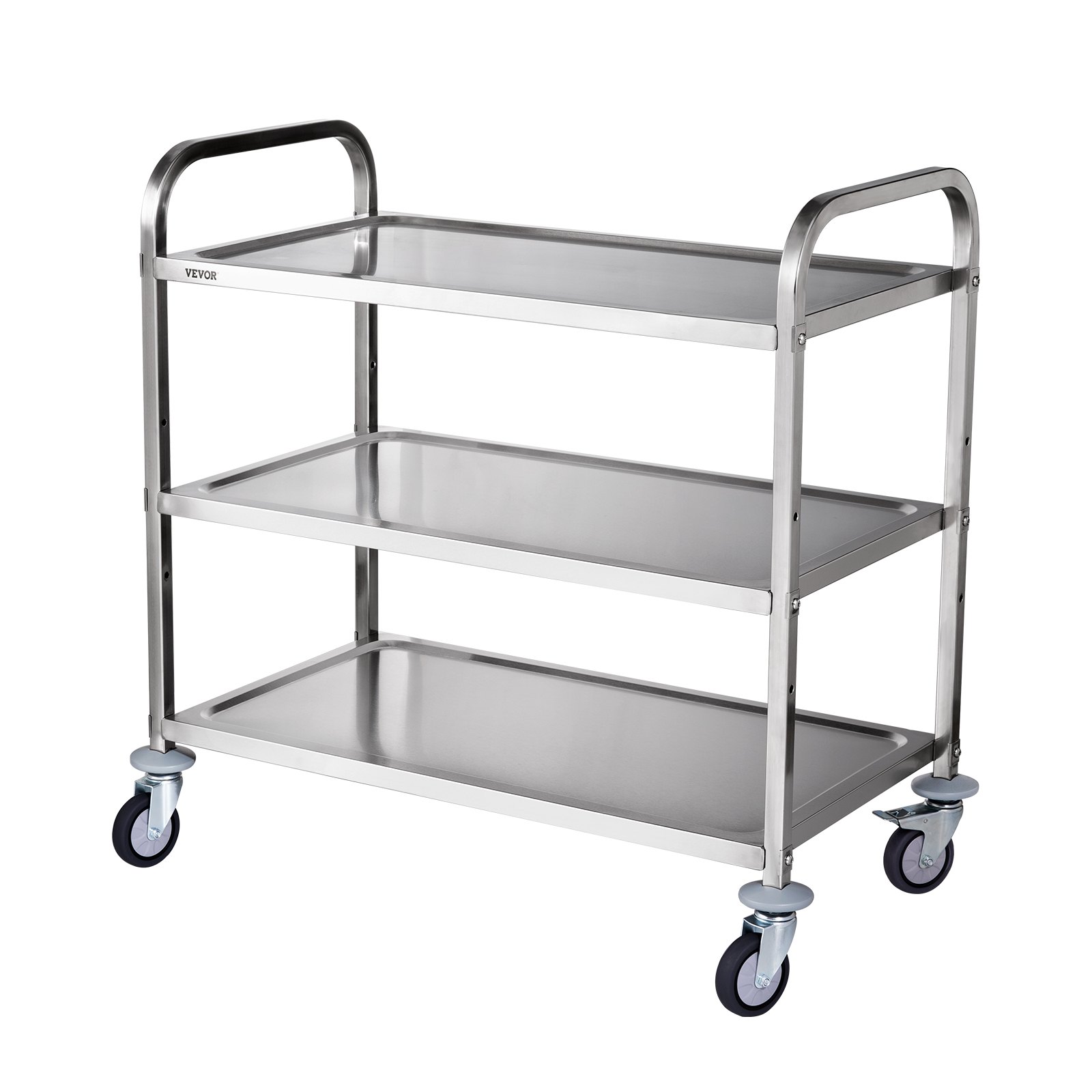 VEVOR kitchen utility cart with three stainless steel shelves and four swivel caster wheels.