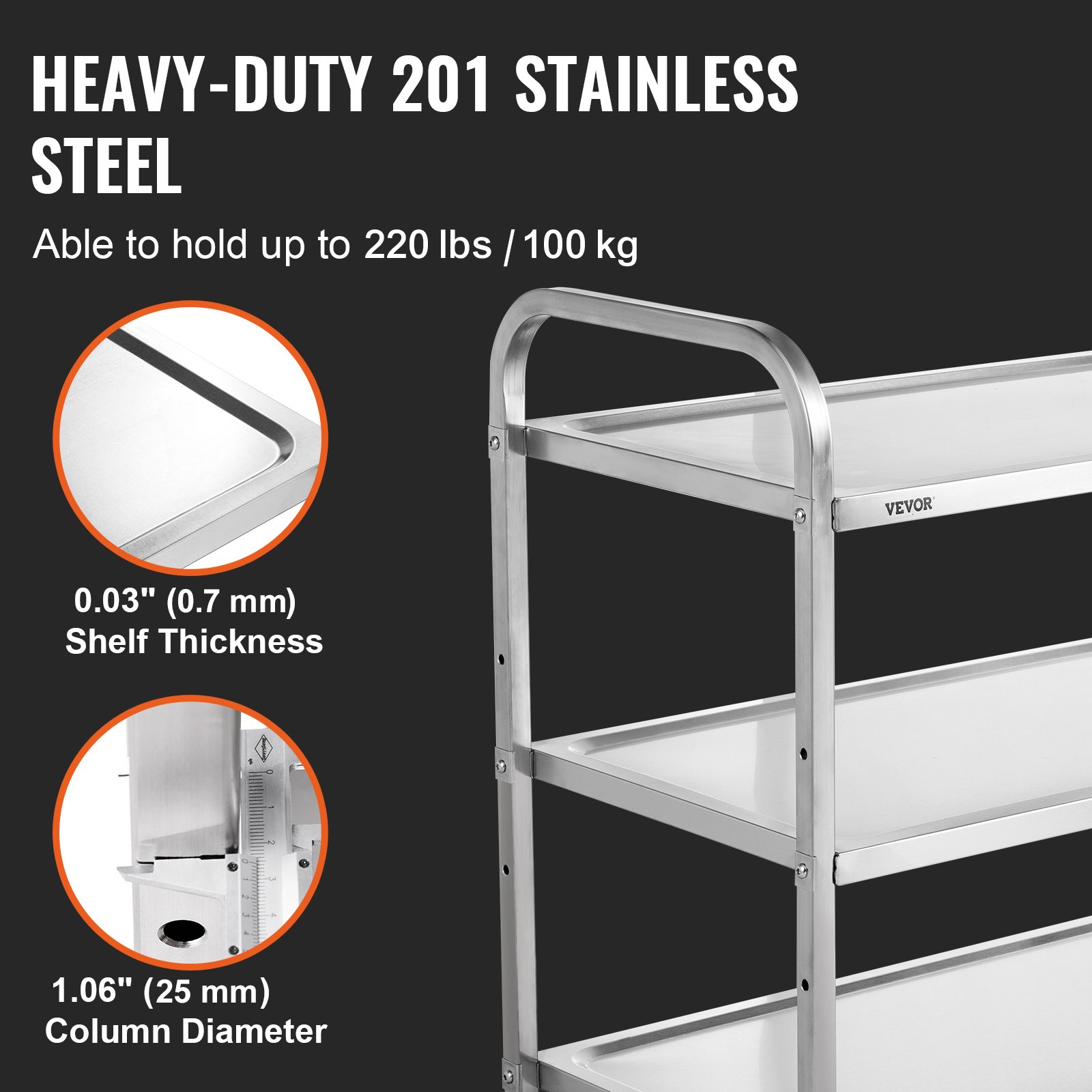 VEVOR Kitchen Utility Cart, 3 Tiers, Wire Rolling Cart with 204 KG Capacity, Steel Service Cart on Wheels, Metal Storage Trolley with 80mm Basket Curved Handle PP Liner 6 Hooks, for Indoor and Outdoor