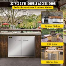 VEVOR Double Access Door 83Wx58H cm Outdoor Kitchen Door Brushed Stainless Steel Outdoor Cabinets with Hooks Steel Access Door Easy to Install BBQ Doors Stainless Steel For BBQ Island Grill Station