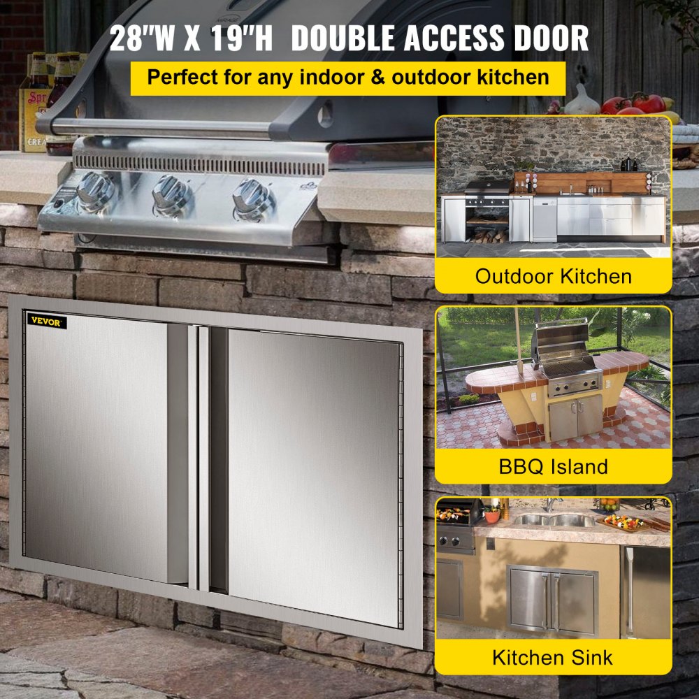 VEVOR BBQ Access Door 28 x 19 Inch, Double BBQ Door Stainless Steel with Recessed Handle, Outdoor Kitchen Doors for BBQ Island, Grill Station, Outside Cabinet