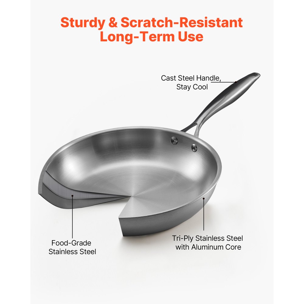 VEVOR Tri-Ply Stainless Steel Frying Pan, 3 Pcs Set (8, 10, 12 in), Cooking Skillet with Heat-Resistant Handle, Chef's Kitchen Cookware, Oven, Gas, Electric, Induction, Dishwasher Compatible, Silver
