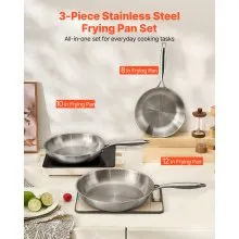 Triply Stainless Steel Frying Pan 3 Pcs Skillet 8 10 12 in for Dishwasher Silver