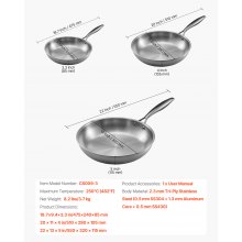 Triply Stainless Steel Frying Pan 3 Pcs Skillet 8 10 12 in for Dishwasher Silver