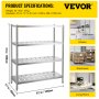 VEVOR Garage Shelf Heavy Duty Shelving 4-Tier 120x45x155 cm Stainless Steel