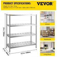 VEVOR Storage Shelf, 4-Tier Storage Shelving Unit, Stainless Steel Garage Shelf, 47.2 x 17.7 x 61 inch Heavy Duty Storage Shelving, 529 Lbs Total Capacity with Adjustable Height and Vent Holes