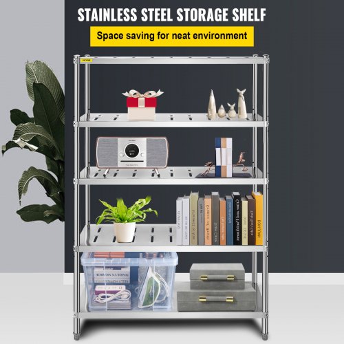 VEVOR 5-Tier Stainless Steel Storage Shelf – 47.2" X 17.7" X 70.9", 132 Lbs Per Shelf, Adjustable Height, Heavy Duty For Garage Or Kitchen