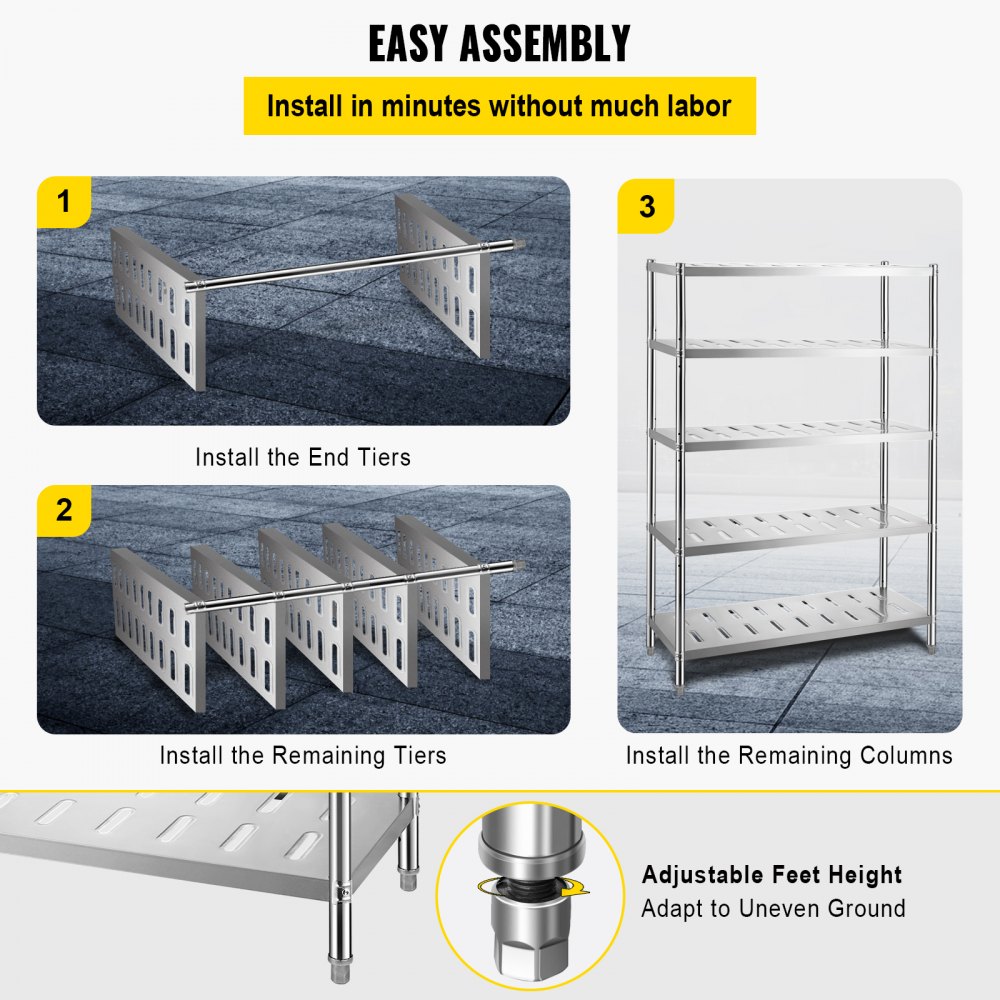 VEVOR Storage Shelf, 5-Tier Storage Shelving Unit, Stainless Steel Garage Shelf, 47.2 x 17.7 x 70.9 inch Heavy Duty Storage Shelving, 661 Lbs Total Capacity with Adjustable Height and Vent Holes