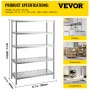 VEVOR Storage Shelf, 5-Tier Storage Shelving Unit, Stainless Steel Garage Shelf, 47.2 x 17.7 x 70.9 inch Heavy Duty Storage Shelving, 661 Lbs Total Capacity with Adjustable Height and Vent Holes