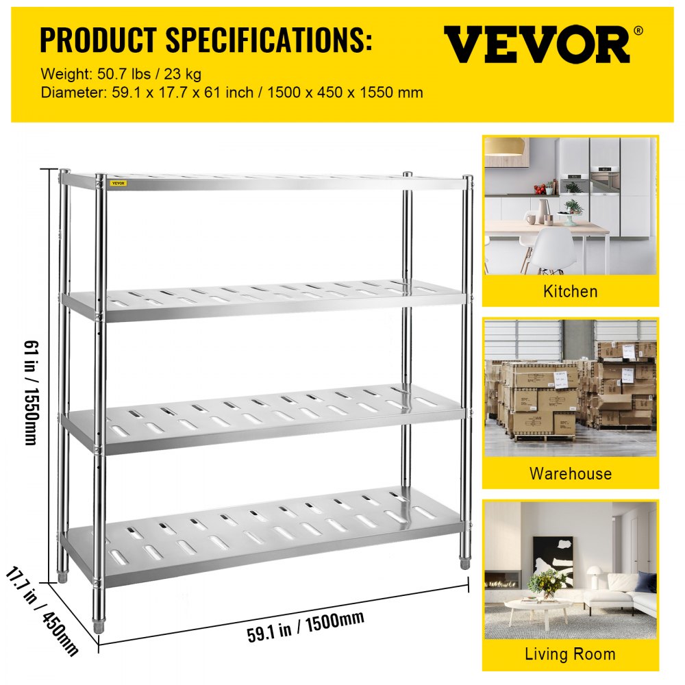 VEVOR Garage Shelf Heavy Duty Shelving 4-Tier 150x45x155cm Stainless Steel