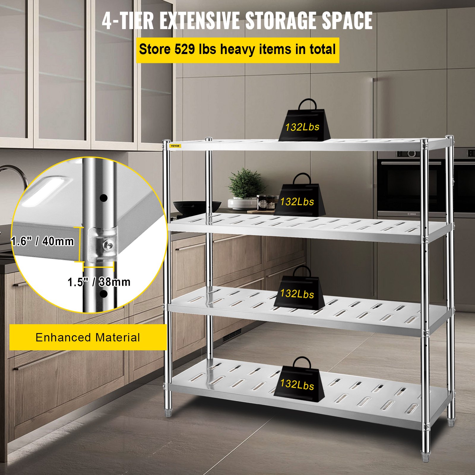 VEVOR Garage Shelf Heavy Duty Shelving 4-Tier 150x45x155cm Stainless Steel