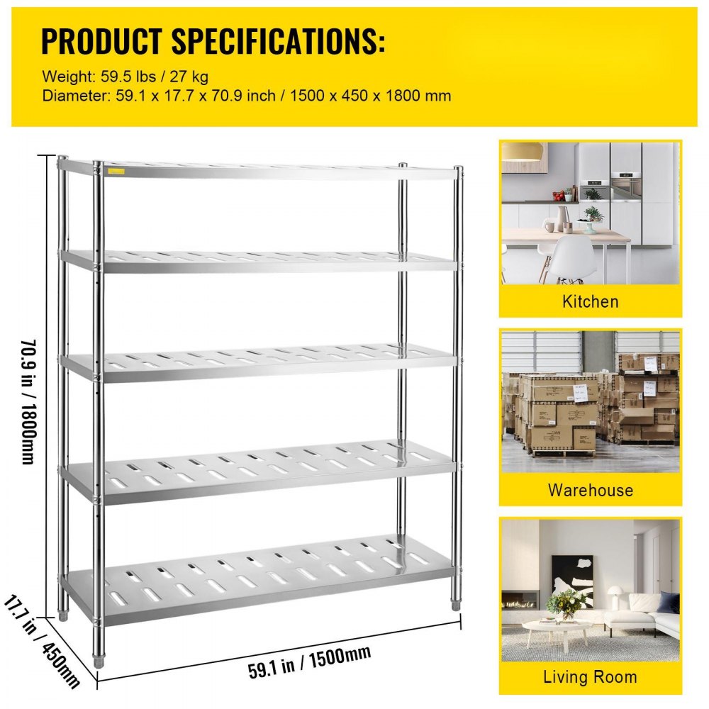 VEVOR Storage Shelf, 5-Tier Storage Shelving Unit, Stainless Steel Garage Shelf, 59.1 x 17.7 x 70.9 inch Heavy Duty Storage Shelving, 661 Lbs Total Capacity with Adjustable Height and Vent Holes