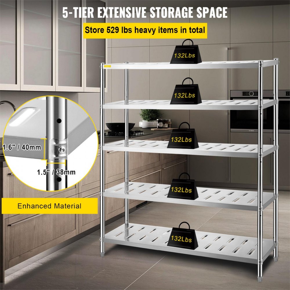 Estantería de almacenamiento VEVOR de 5 niveles, de acero inoxidable, para garaje, 150 x 45 x 180 cm, resistente, con capacidad total de 300 kg, con altura ajustable y orificios de ventilación.