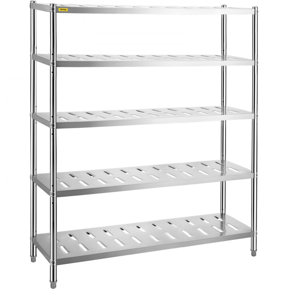 Estantería de almacenamiento VEVOR de 5 niveles, de acero inoxidable, para garaje, 150 x 45 x 180 cm, resistente, con capacidad total de 300 kg, con altura ajustable y orificios de ventilación.
