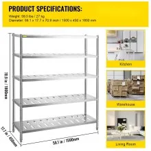 VEVOR Garage Shelf Heavy Duty Shelving 5-Tier 59.1x17.7x70.9 in Stainless Steel
