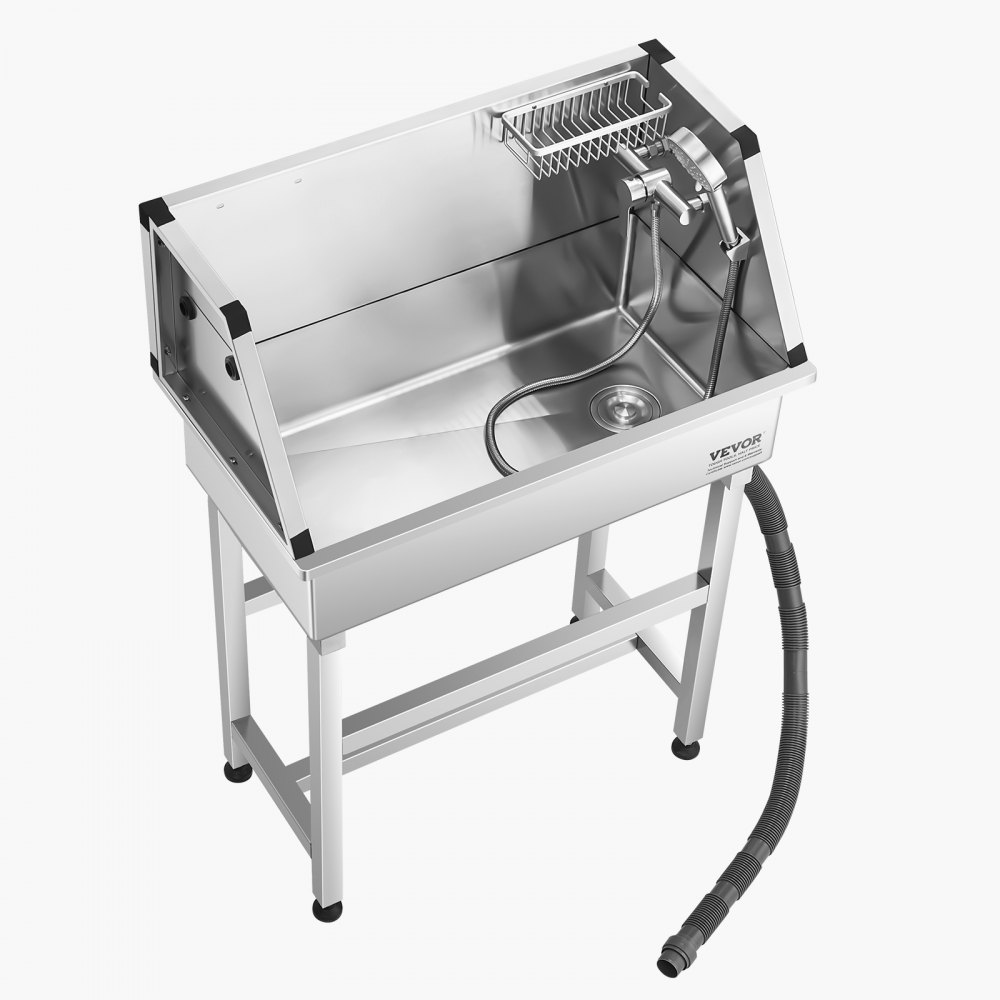 VEVOR 34 Inch Stainless Steel Dog Washing Station, Pet Grooming Tub with Hot & Cold Faucet, Showerhead, Storage Rack, No-Bend All-in-One Bathtub, Home Wash Sink, Fits Small Cats and Dogs