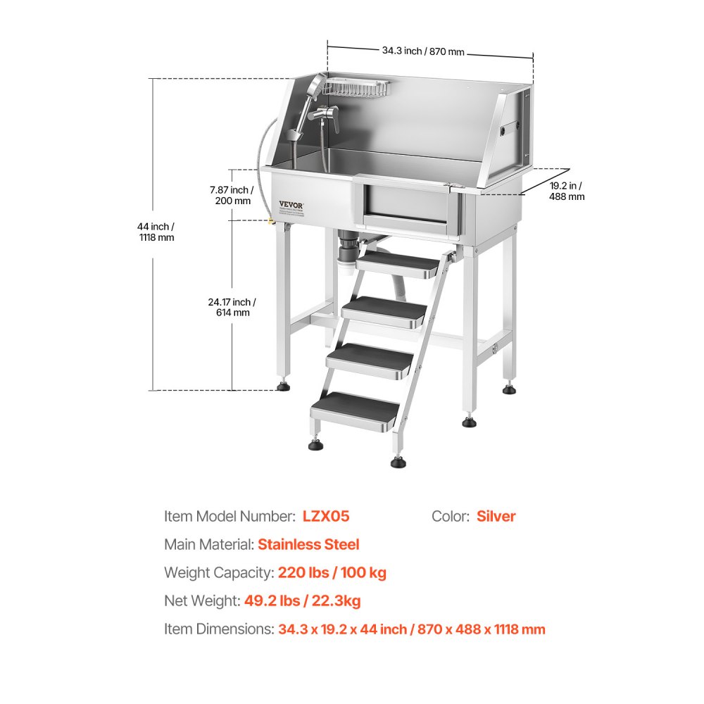 VEVOR 86.4 cm Dog Washing Station, Stainless Steel Pet Grooming Tub Bathtub, Professional Dog Wash Sink with Shower, Faucet, Soap Holder, Non-Slip Stairs Easy-Clean for Small Pets Cats (Right Door)