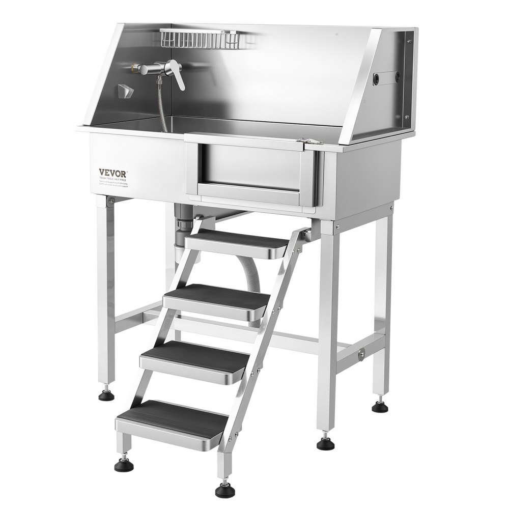 VEVOR 86.4 cm Dog Washing Station, Stainless Steel Pet Grooming Tub Bathtub, Professional Dog Wash Sink with Shower, Faucet, Soap Holder, Non-Slip Stairs Easy-Clean for Small Pets Cats (Right Door)