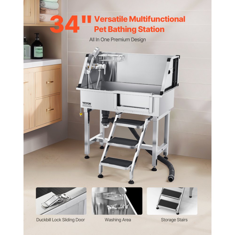 VEVOR 86.4 cm Dog Washing Station, Stainless Steel Pet Grooming Tub Bathtub, Professional Dog Wash Sink with Shower, Faucet, Soap Holder, Non-Slip Stairs Easy-Clean for Small Pets Cats (Right Door)