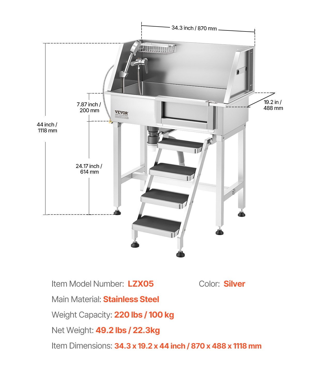 VEVOR 86.4 cm Dog Washing Station, Stainless Steel Pet Grooming Tub Bathtub, Professional Dog Wash Sink with Shower, Faucet, Soap Holder, Non-Slip Stairs Easy-Clean for Small Pets Cats (Right Door)