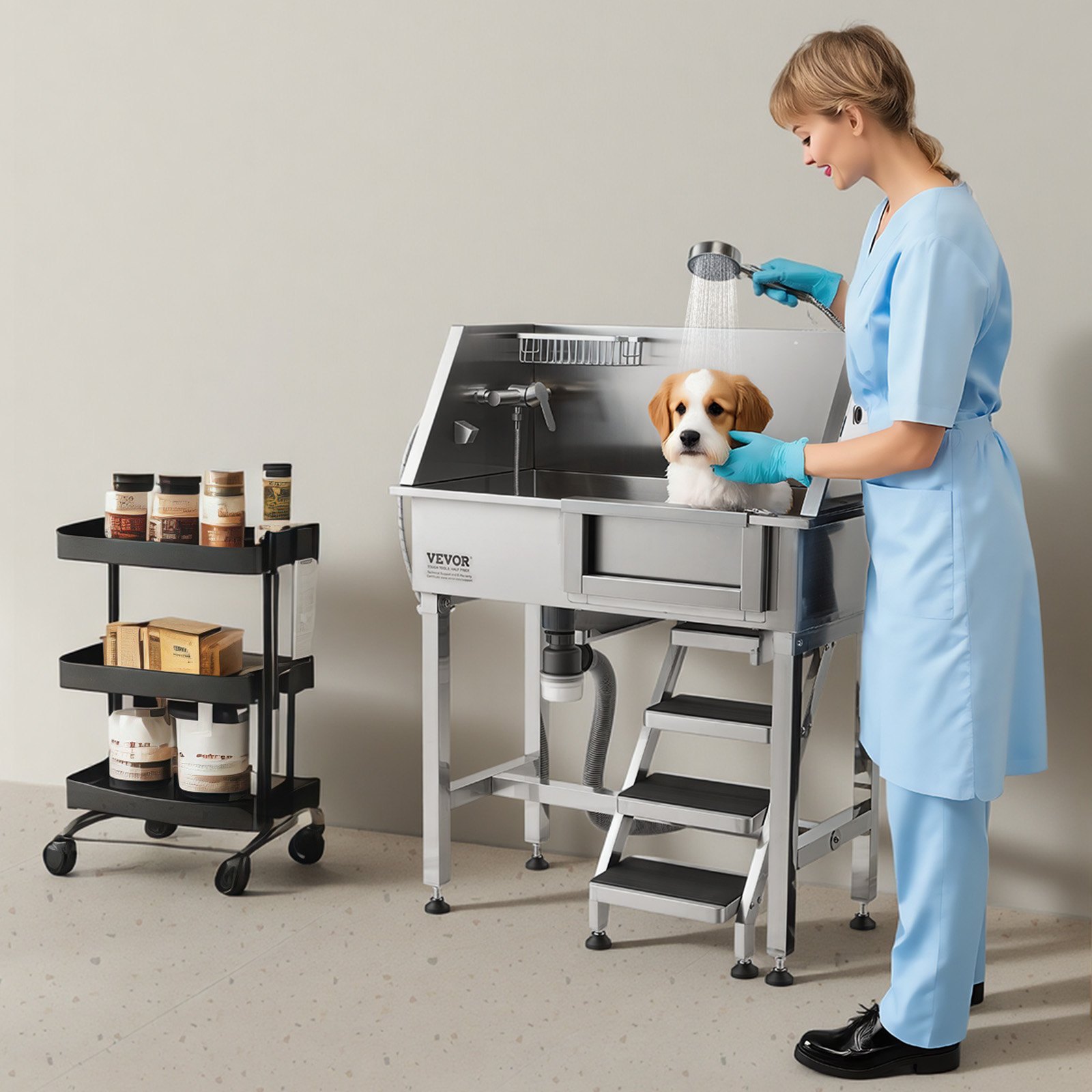 VEVOR 86.4 cm Dog Washing Station, Stainless Steel Pet Grooming Tub Bathtub, Professional Dog Wash Sink with Shower, Faucet, Soap Holder, Non-Slip Stairs Easy-Clean for Small Pets Cats (Right Door)