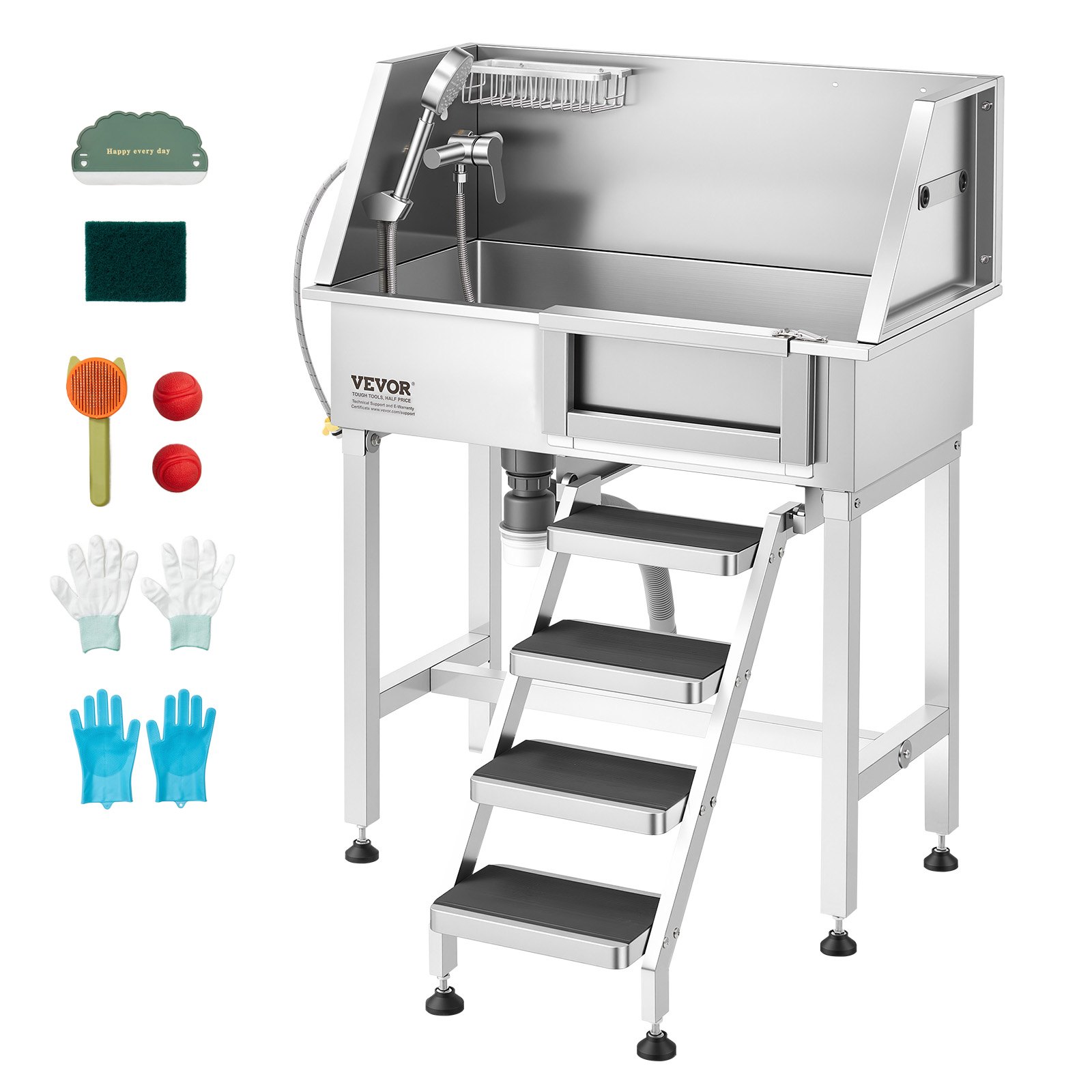 VEVOR 86.4 cm Dog Washing Station, Stainless Steel Pet Grooming Tub Bathtub, Professional Dog Wash Sink with Shower, Faucet, Soap Holder, Non-Slip Stairs Easy-Clean for Small Pets Cats (Right Door)