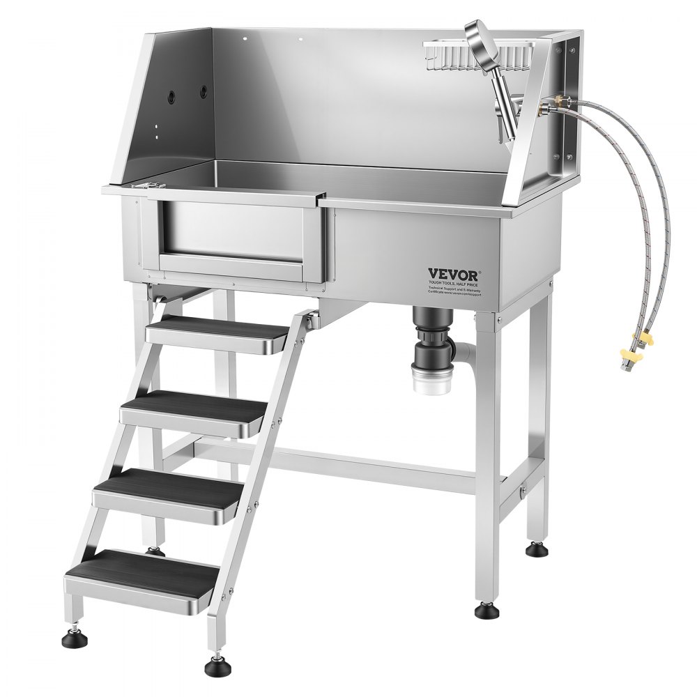 VEVOR 86.4 cm Dog Washing Station, Stainless Steel Pet Grooming Tub Bathtub, Professional Dog Wash Sink with Shower, Faucet, Soap Holder, Non-Slip Stairs Easy-Clean for Small Pets Cats (Left Door)