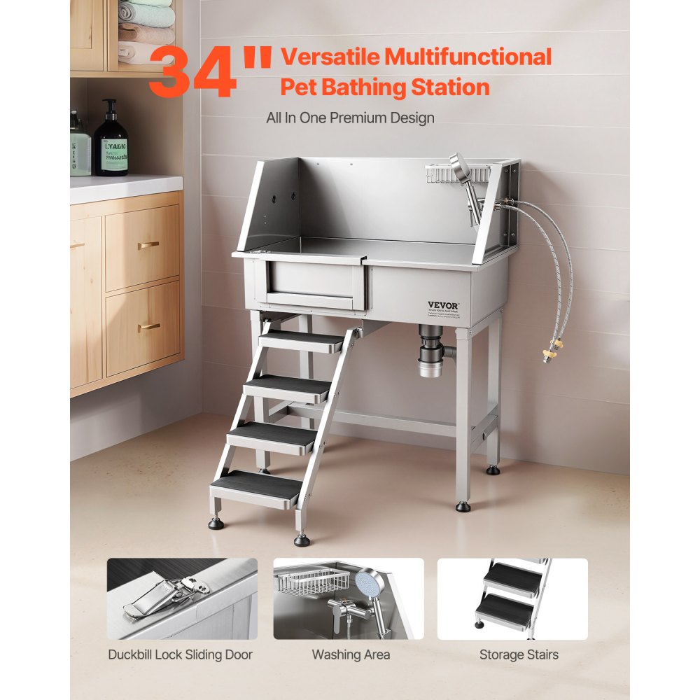 VEVOR 86.4 cm Dog Washing Station, Stainless Steel Pet Grooming Tub Bathtub, Professional Dog Wash Sink with Shower, Faucet, Soap Holder, Non-Slip Stairs Easy-Clean for Small Pets Cats (Left Door)