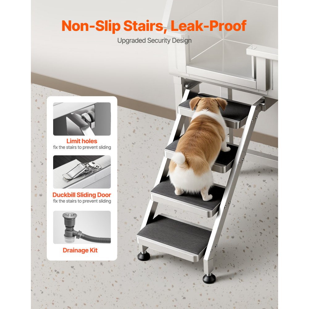 VEVOR 86.4 cm Dog Washing Station, Stainless Steel Pet Grooming Tub Bathtub, Professional Dog Wash Sink with Shower, Faucet, Soap Holder, Non-Slip Stairs Easy-Clean for Small Pets Cats (Left Door)