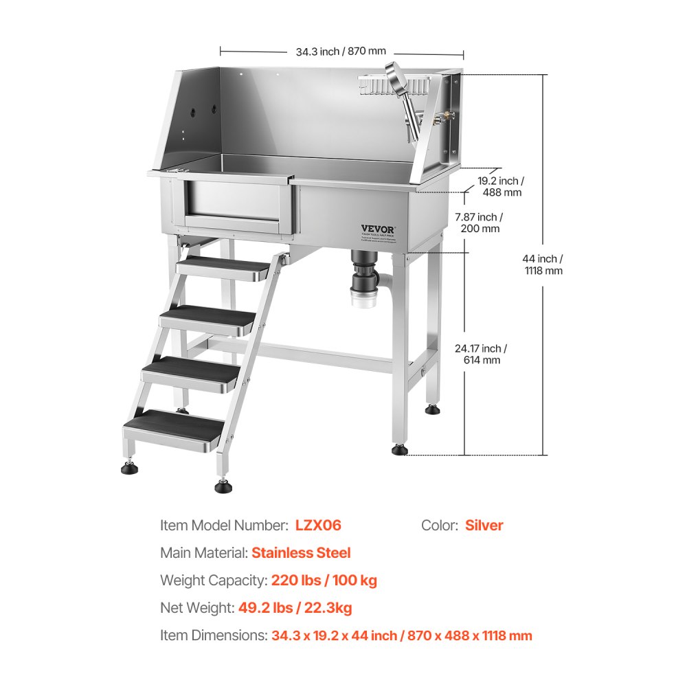 VEVOR 86.4 cm Dog Washing Station, Stainless Steel Pet Grooming Tub Bathtub, Professional Dog Wash Sink with Shower, Faucet, Soap Holder, Non-Slip Stairs Easy-Clean for Small Pets Cats (Left Door)