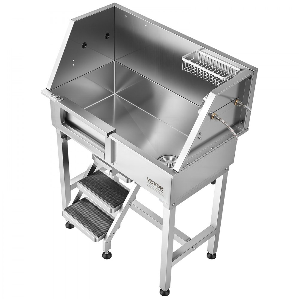 VEVOR 86.4 cm Dog Washing Station, Stainless Steel Pet Grooming Tub Bathtub, Professional Dog Wash Sink with Shower, Faucet, Soap Holder, Non-Slip Stairs Easy-Clean for Small Pets Cats (Left Door)