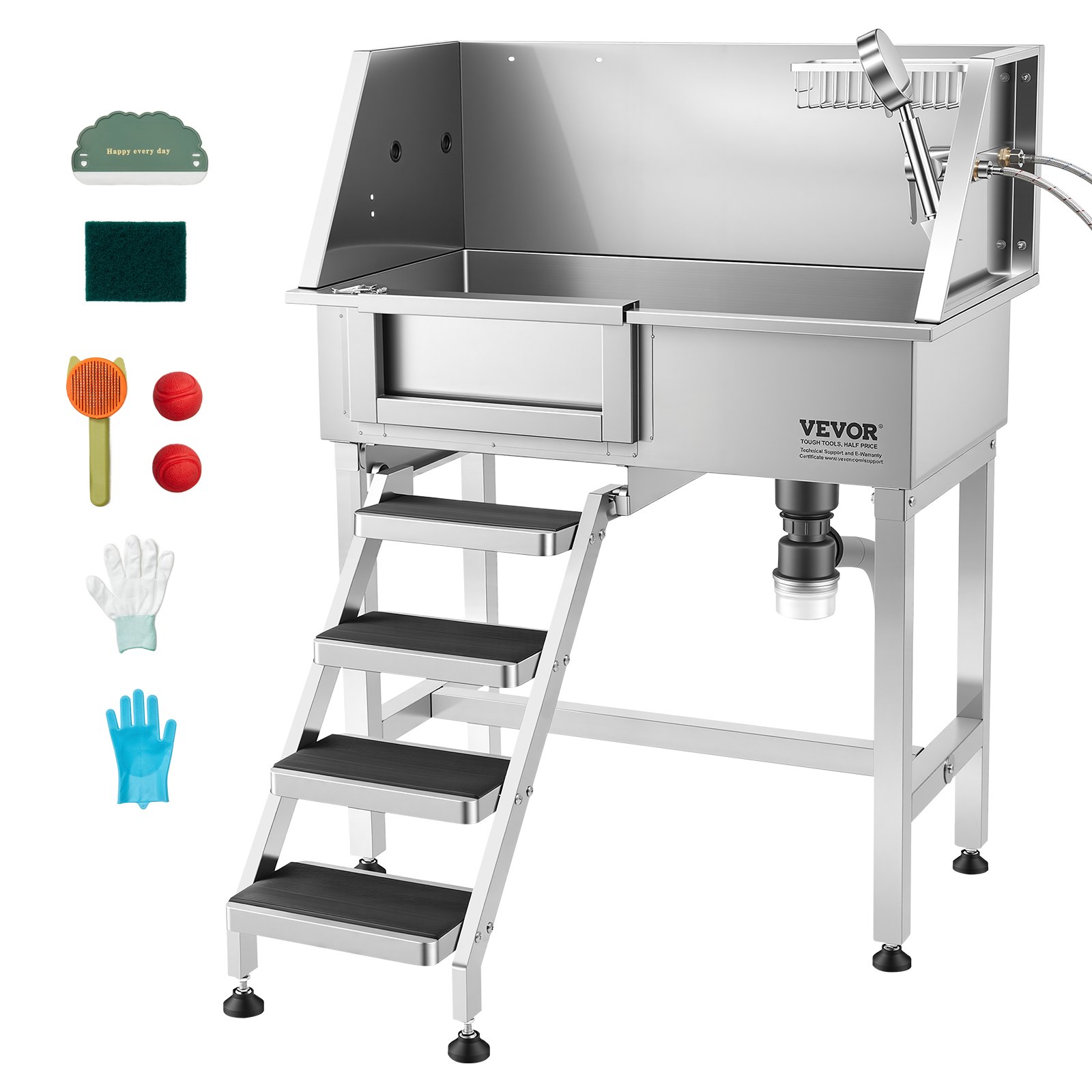 VEVOR 86.4 cm Dog Washing Station, Stainless Steel Pet Grooming Tub Bathtub, Professional Dog Wash Sink with Shower, Faucet, Soap Holder, Non-Slip Stairs Easy-Clean for Small Pets Cats (Left Door)