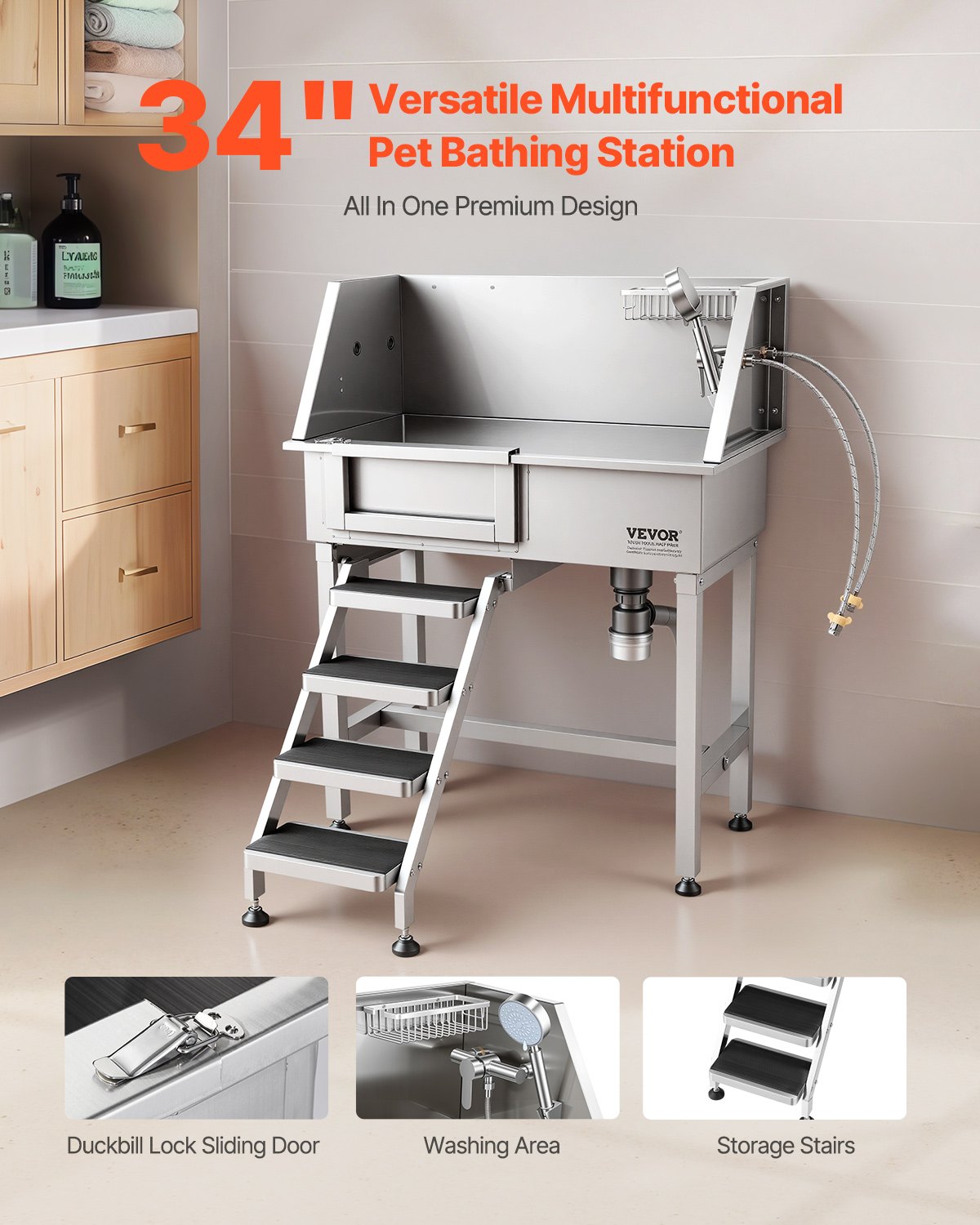 VEVOR 86.4 cm Dog Washing Station, Stainless Steel Pet Grooming Tub Bathtub, Professional Dog Wash Sink with Shower, Faucet, Soap Holder, Non-Slip Stairs Easy-Clean for Small Pets Cats (Left Door)
