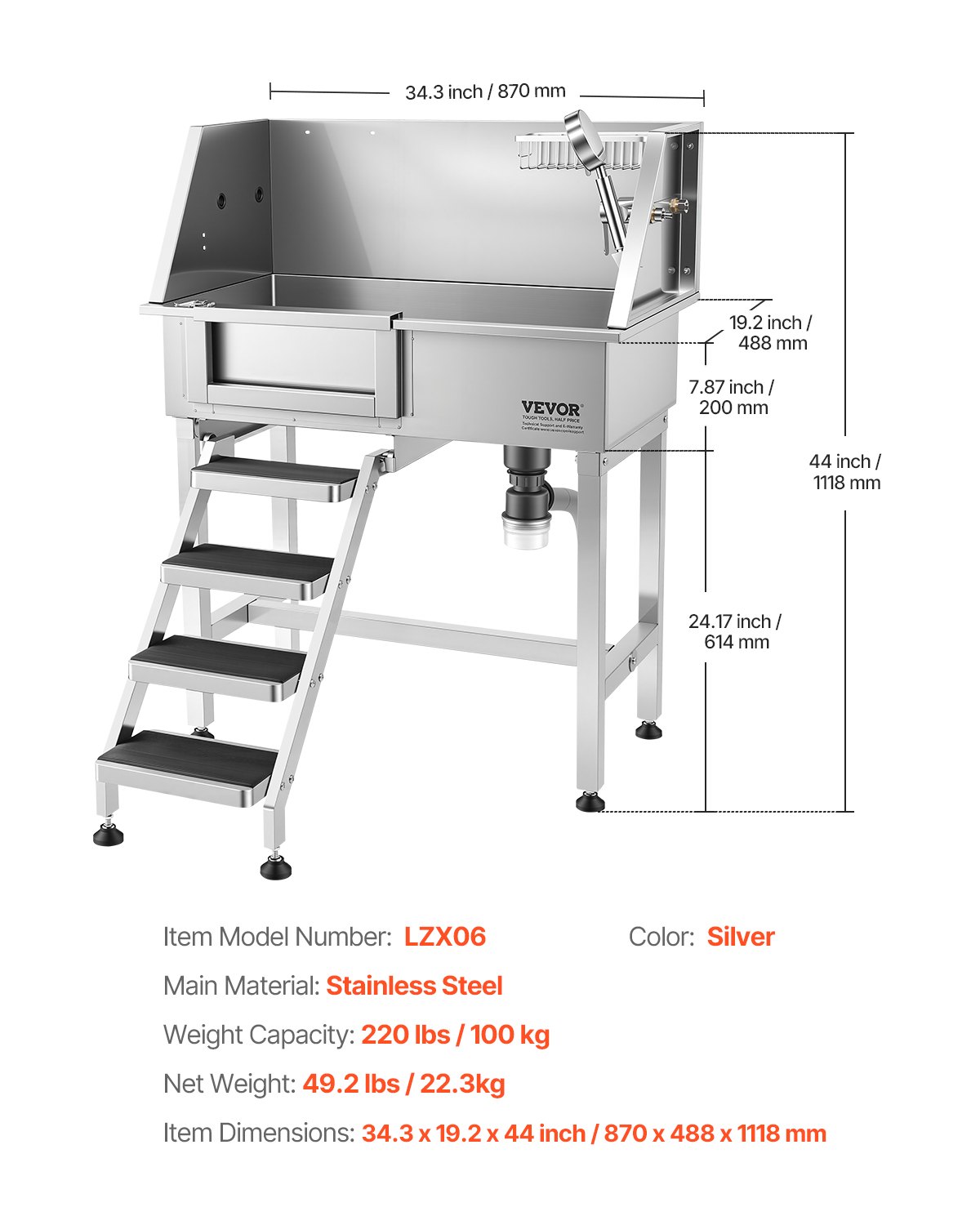 VEVOR 86.4 cm Dog Washing Station, Stainless Steel Pet Grooming Tub Bathtub, Professional Dog Wash Sink with Shower, Faucet, Soap Holder, Non-Slip Stairs Easy-Clean for Small Pets Cats (Left Door)