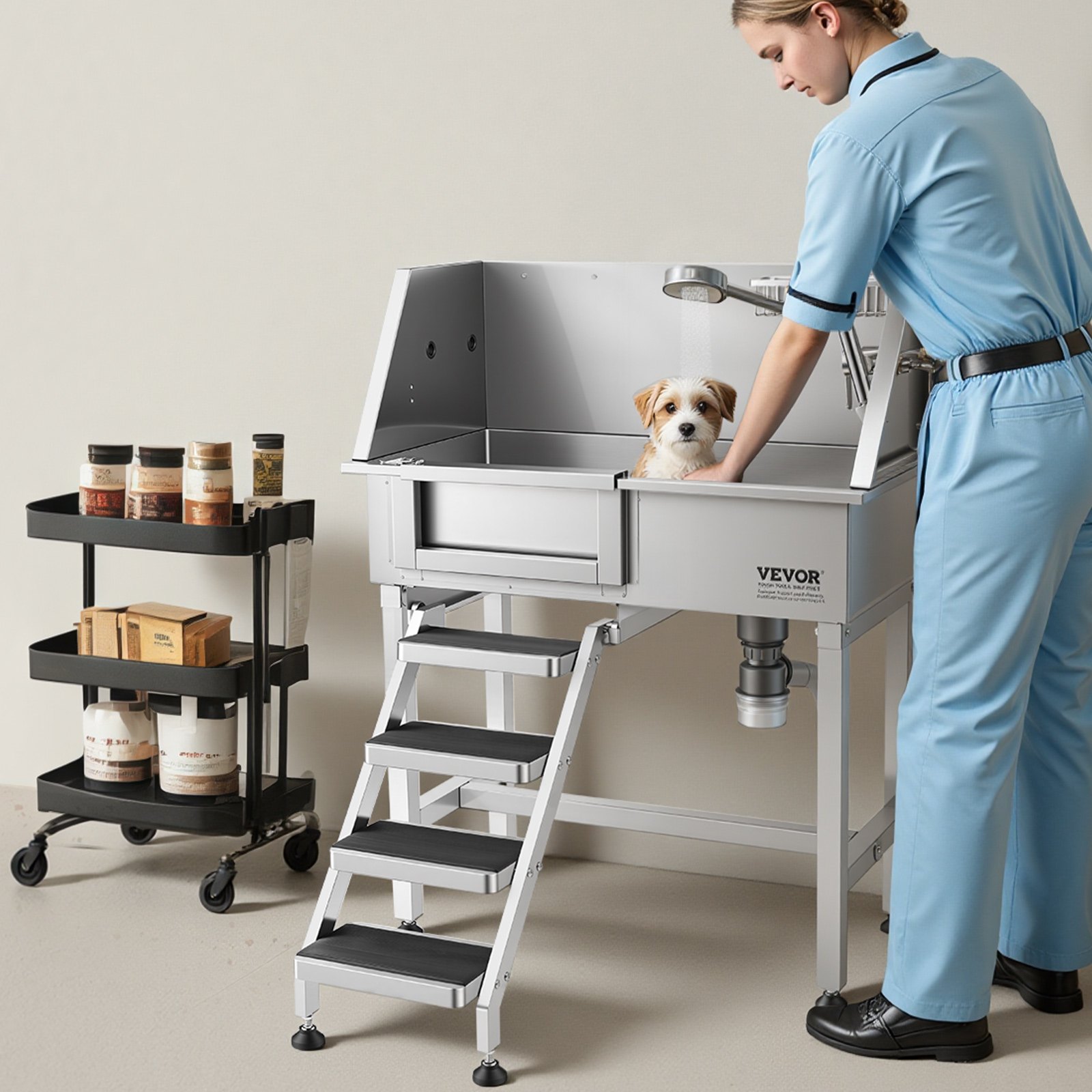 VEVOR 86.4 cm Dog Washing Station, Stainless Steel Pet Grooming Tub Bathtub, Professional Dog Wash Sink with Shower, Faucet, Soap Holder, Non-Slip Stairs Easy-Clean for Small Pets Cats (Left Door)