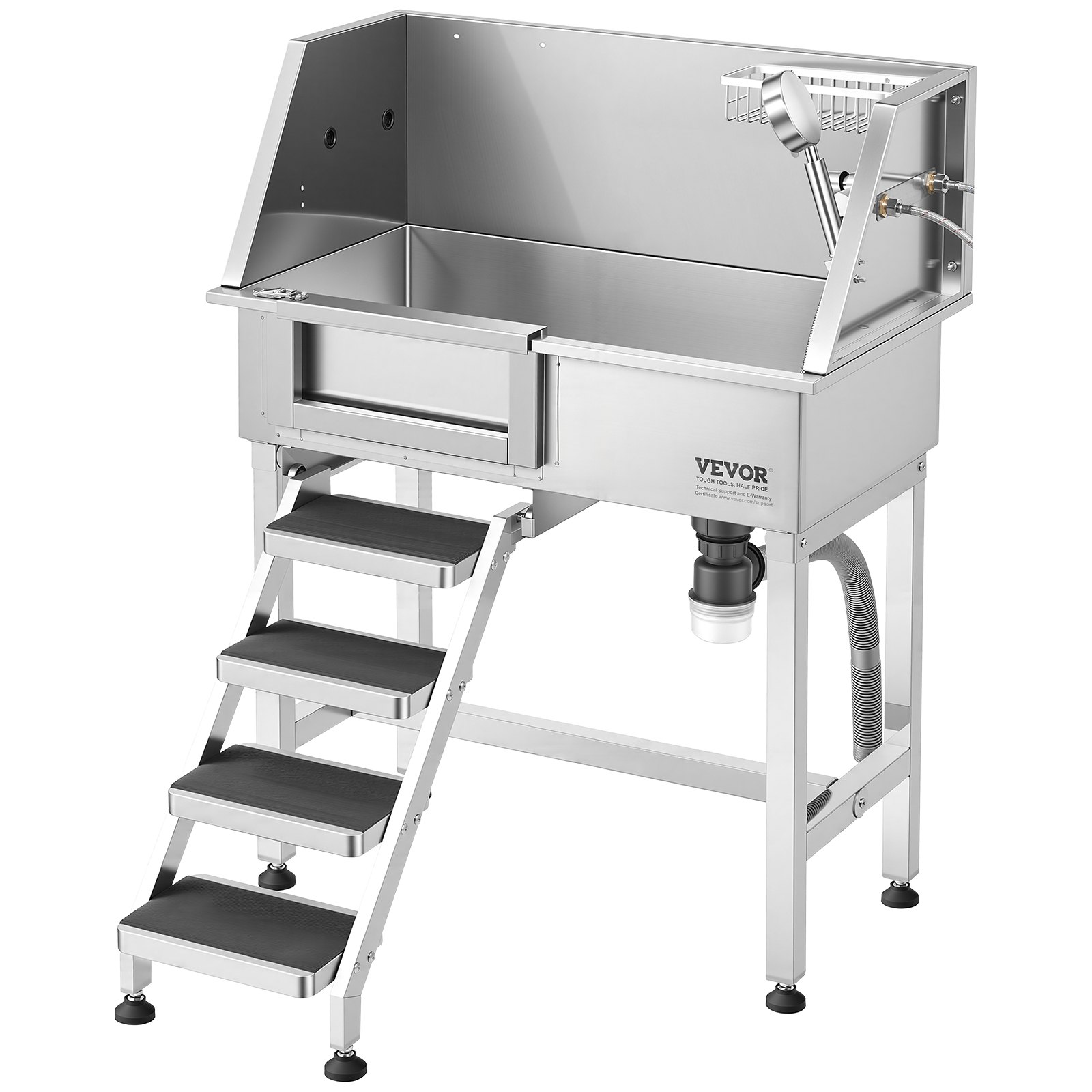 VEVOR 86.4 cm Dog Washing Station, Stainless Steel Pet Grooming Tub Bathtub, Professional Dog Wash Sink with Shower, Faucet, Soap Holder, Non-Slip Stairs Easy-Clean for Small Pets Cats (Left Door)