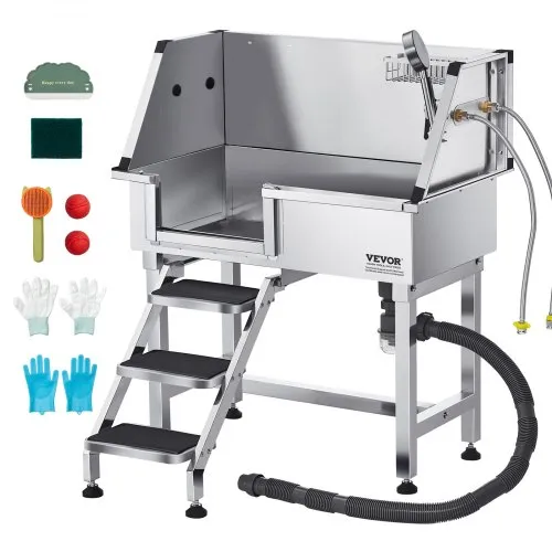 VEVOR 86.4 cm Dog Grooming Bath Tub Stainless Steel w Stairs Faucet Left Door