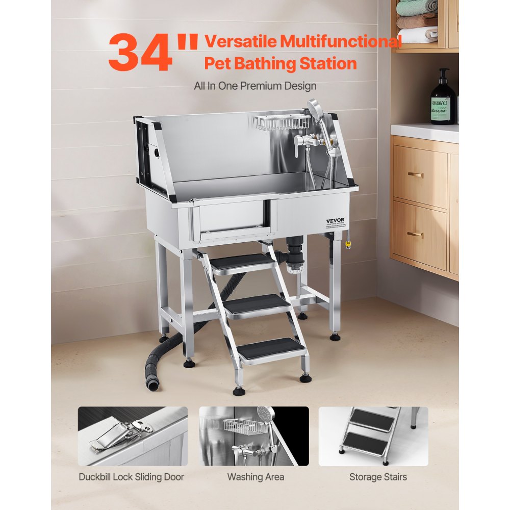 VEVOR 34 Inch Stainless Steel Dog Washing Station, Pet Grooming Tub with Hot & Cold Faucet, Showerhead, Home Wash Sink, Fits Small Cats and Dogs, Non-Slip Stairs (Left Door)