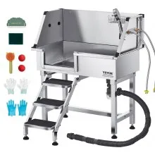 VEVOR 86.4 cm Dog Grooming Bath Tub Stainless Steel w Stairs Faucet Left Door