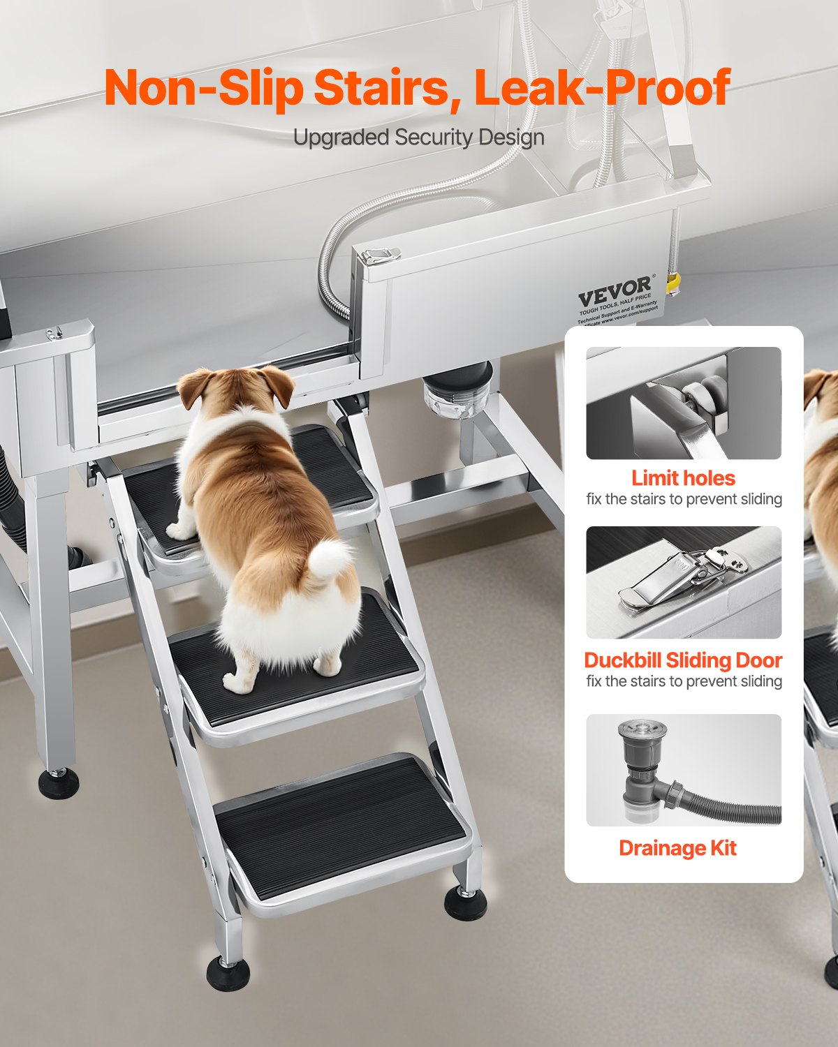 VEVOR 34 Inch Stainless Steel Dog Washing Station, Pet Grooming Tub with Hot & Cold Faucet, Showerhead, Home Wash Sink, Fits Small Cats and Dogs, Non-Slip Stairs (Left Door)