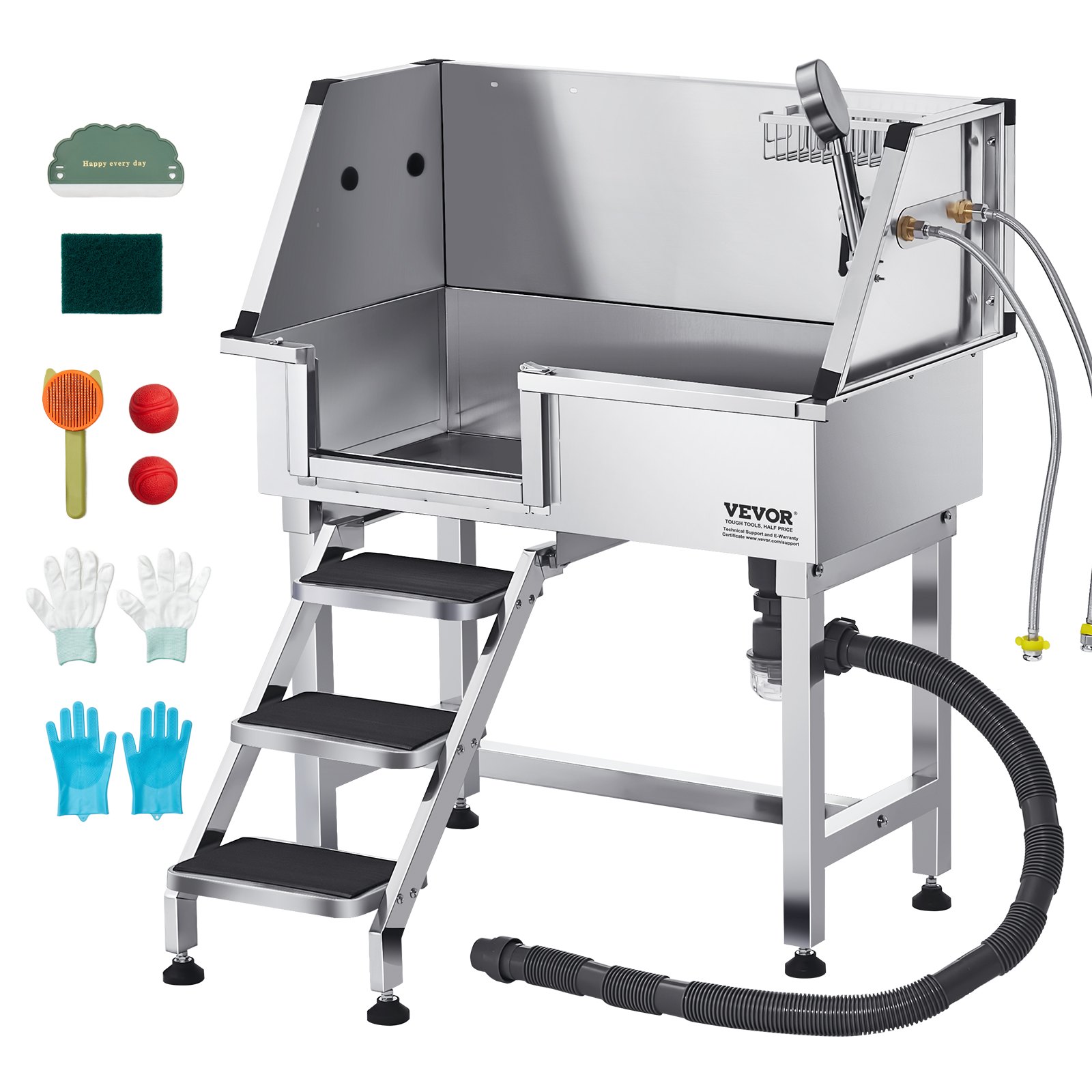 VEVOR 34 Inch Stainless Steel Dog Washing Station, Pet Grooming Tub with Hot & Cold Faucet, Showerhead, Home Wash Sink, Fits Small Cats and Dogs, Non-Slip Stairs (Left Door)