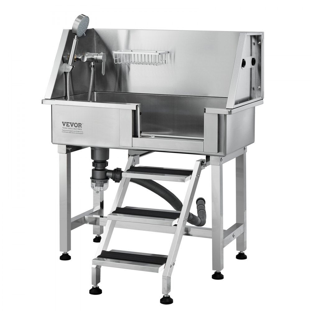 VEVOR 864MM Pet Dog Bathing Station w/Ramp, Professional Stainless Steel Dog Grooming Tub w/ Storage Drawer, Faucet,Rich Accessory, Dog Bathtub for Large,Medium,Small Pet, Washing Sink for Home(Right)