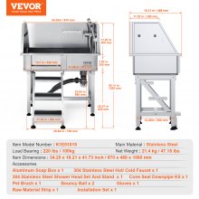 VEVOR 864MM Pet Dog Bathing Station w/Ramp, Professional Stainless Steel Dog Grooming Tub w/ Storage Drawer, Faucet,Rich Accessory, Dog Bathtub for Large,Medium,Small Pet, Washing Sink for Home(Right)