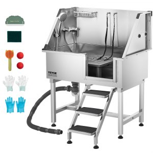 VEVOR 38 Inch Stainless Steel Dog Washing Station, Pet Grooming Tub with Hot & Cold Faucet, Showerhead, Home Wash Sink, Fits Small and Medium Cats and Dogs, Non-Slip Stairs (Right Door) | VEVOR US